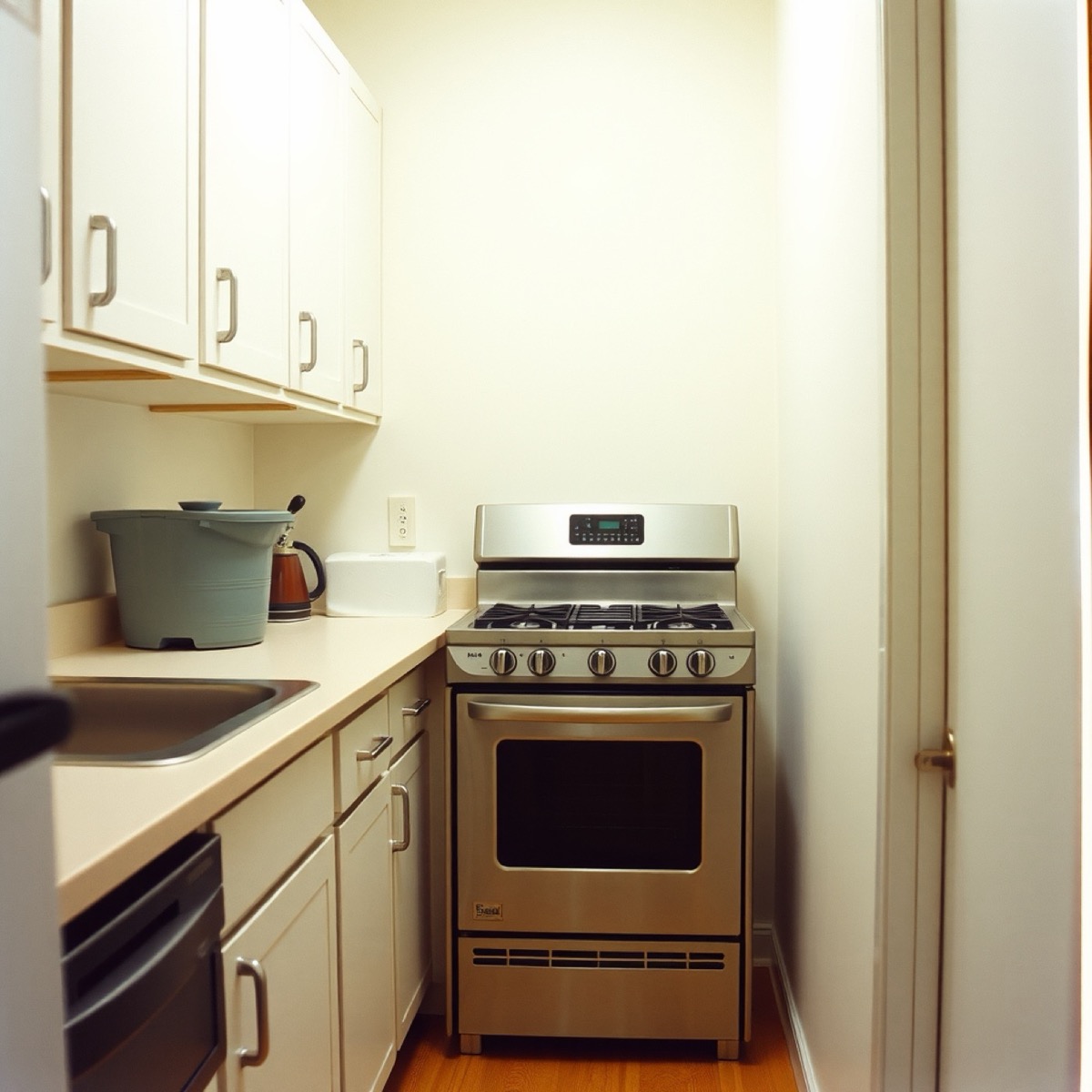 New stainless range installed in a modest galley kitchen, placeholder photo