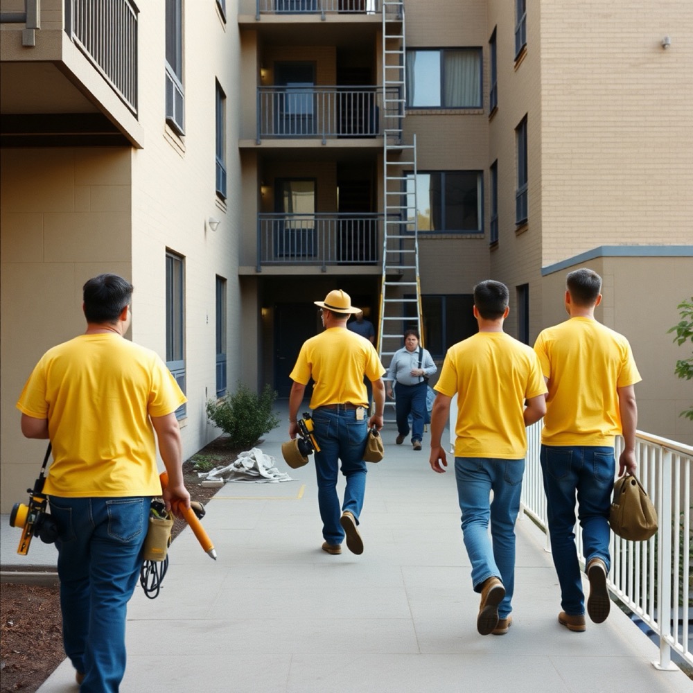 Three crew members in yellow shirts walking an exterior apartment walkway, seen from behind, placeholder photo