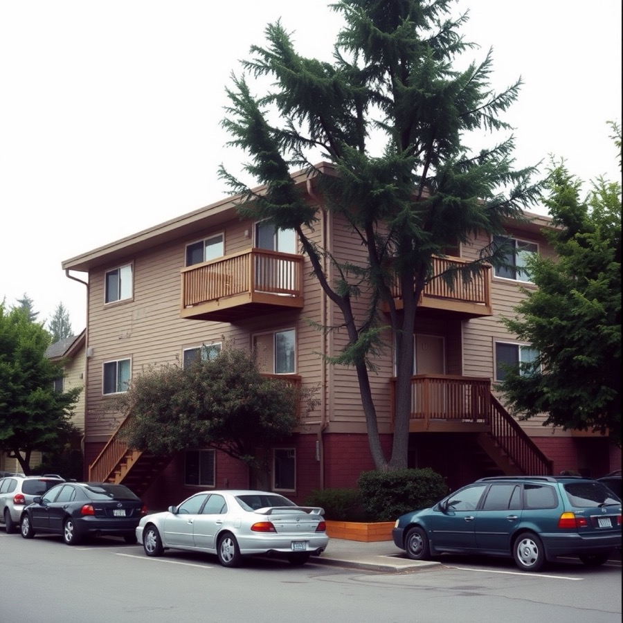 1970s two-story Portland apartment building under overcast sky, placeholder photo