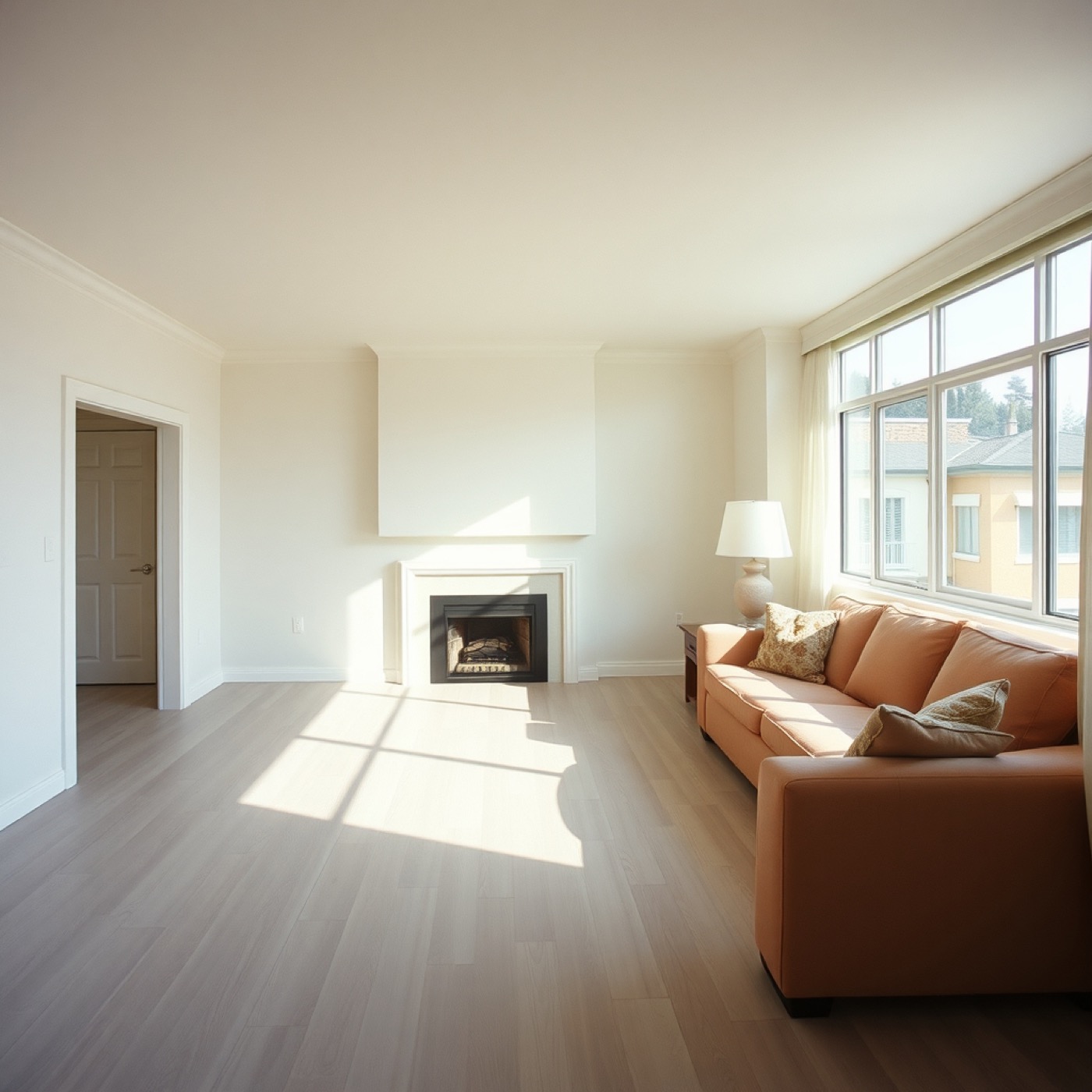 Renovated two-bedroom living room with new plank flooring and fresh white paint, placeholder photo