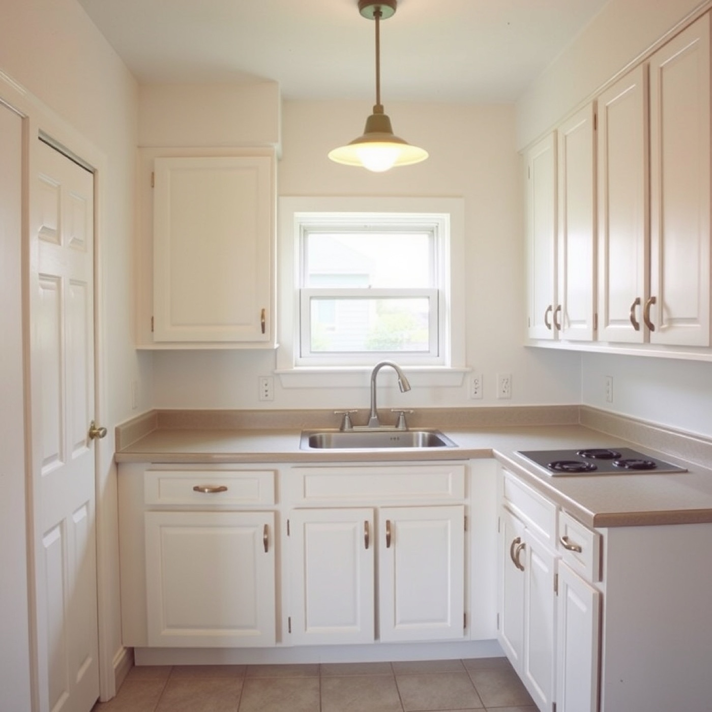 Refreshed apartment kitchen with new counters and hardware, placeholder photo