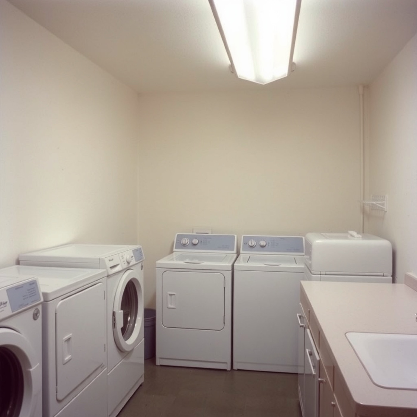 Refreshed apartment laundry room with new flooring and lighting, placeholder photo