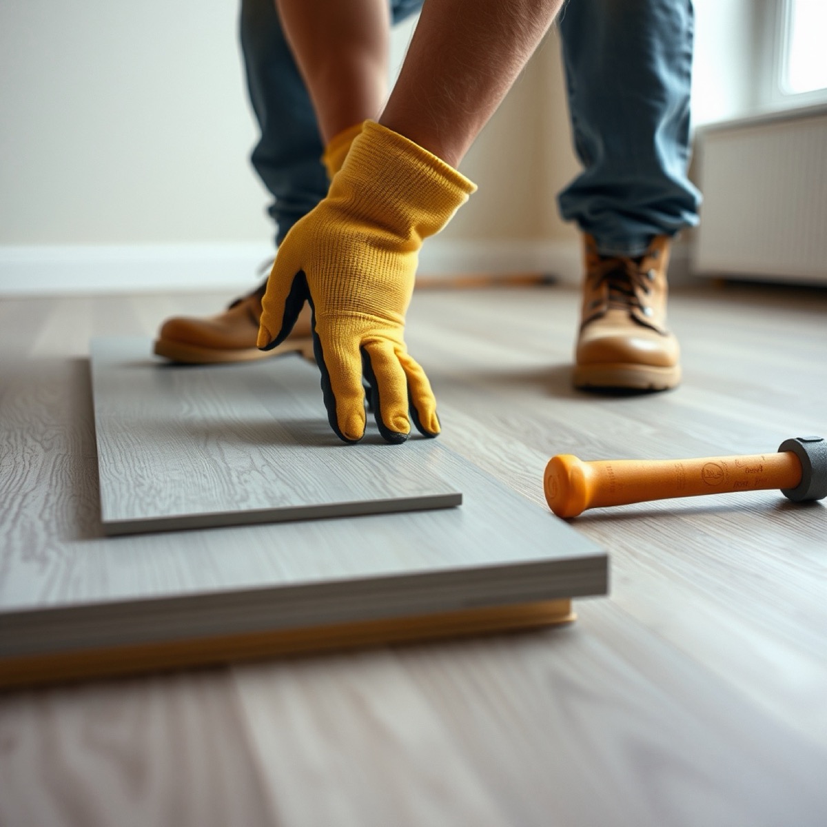 Installer laying glue-down plank flooring in an empty apartment, placeholder photo