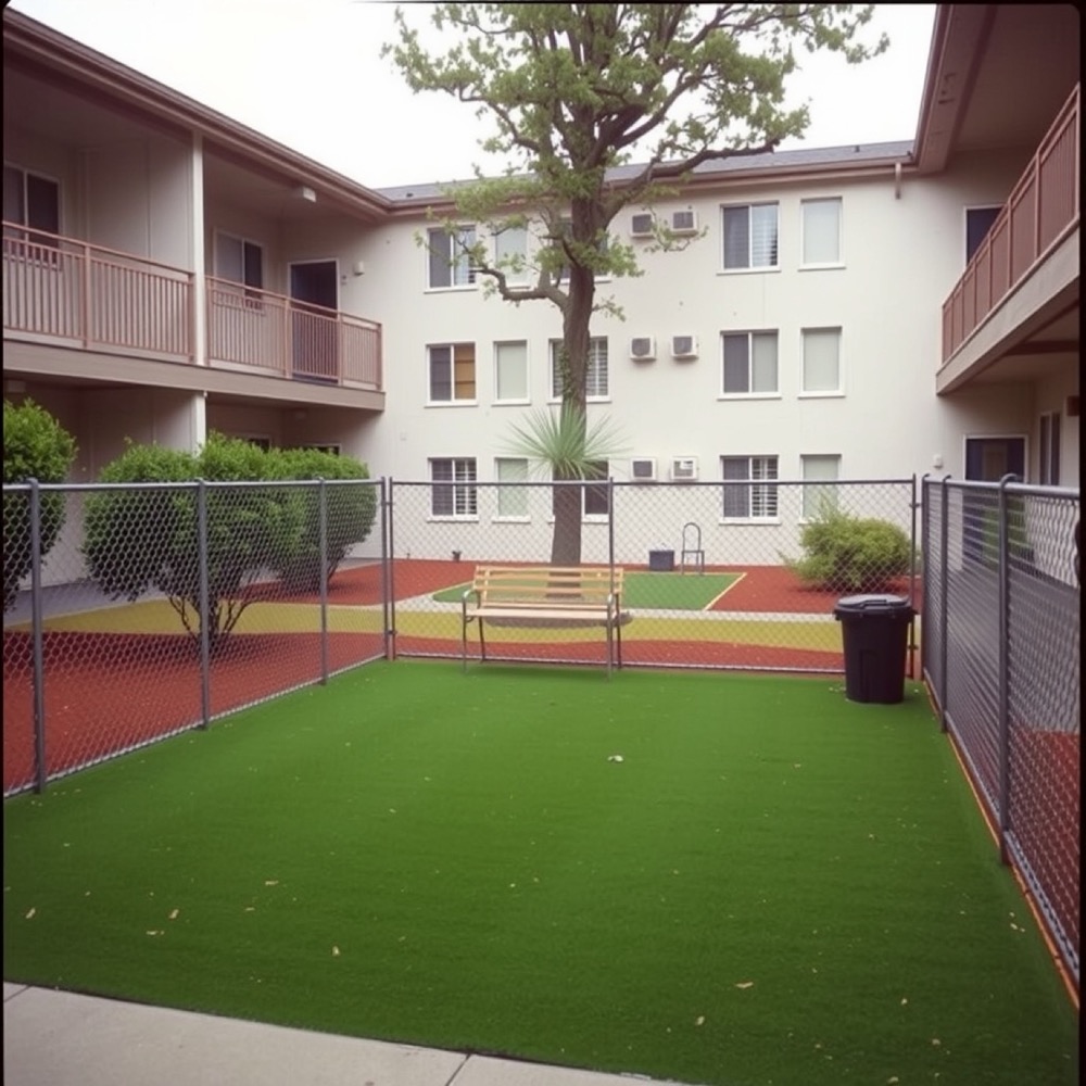 Fenced dog run with artificial turf in an apartment courtyard, placeholder photo