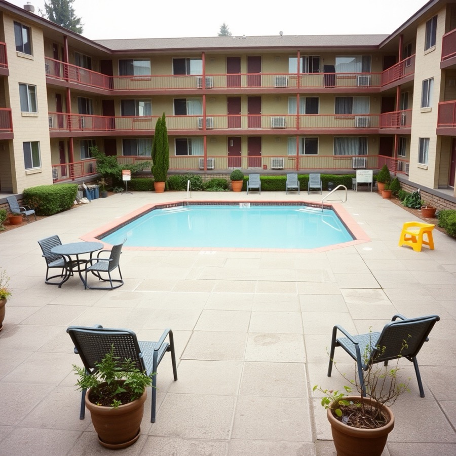 Former apartment pool area converted to a paved patio with seating, placeholder photo
