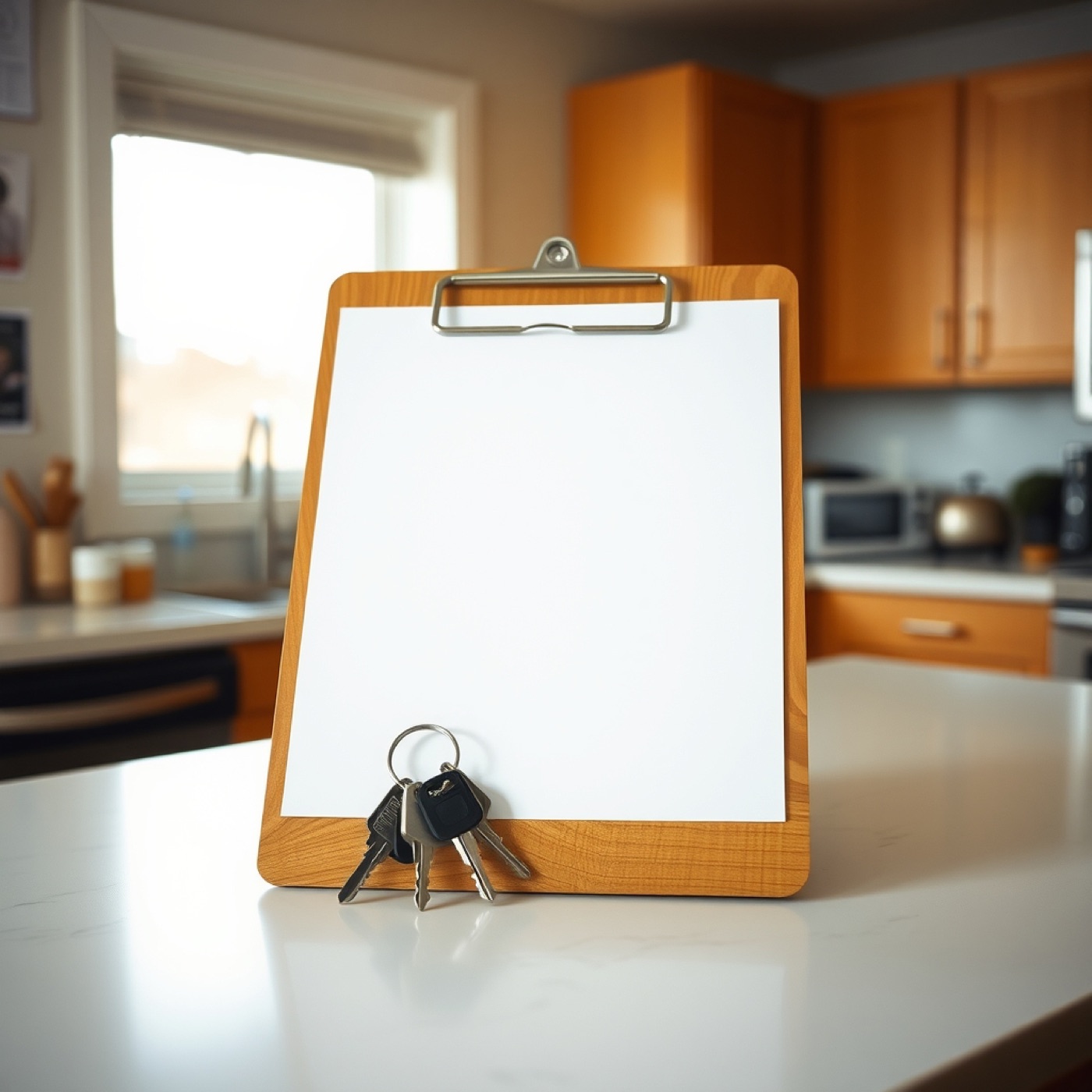 Clipboard and unit keys resting on a new countertop, placeholder photo