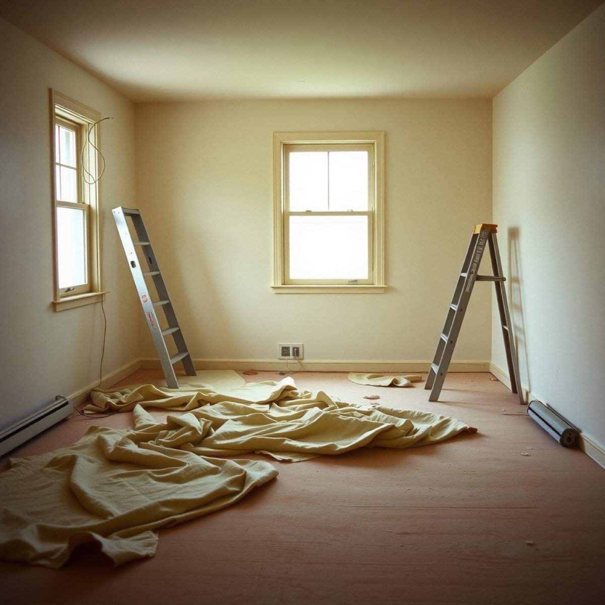 Empty apartment mid-turn with drop cloths and a ladder, placeholder photo